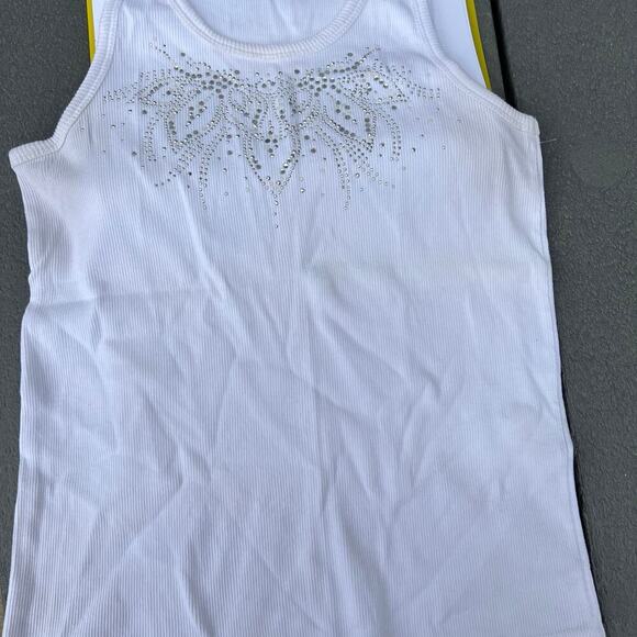 ACESS, white with beading, scoop neck ribbed tank top women's size M - Picture 2 of 6